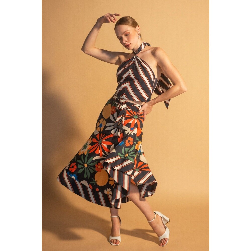 Estefania Alvarez Palma de Coco Navy Skirt Women's Size 10 Tropicana Floral NWT
